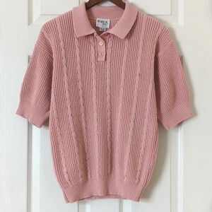 Brownstone Studio 80's Vintage Cable & Ribbed Knit Short Sleeve Henley Top Pink